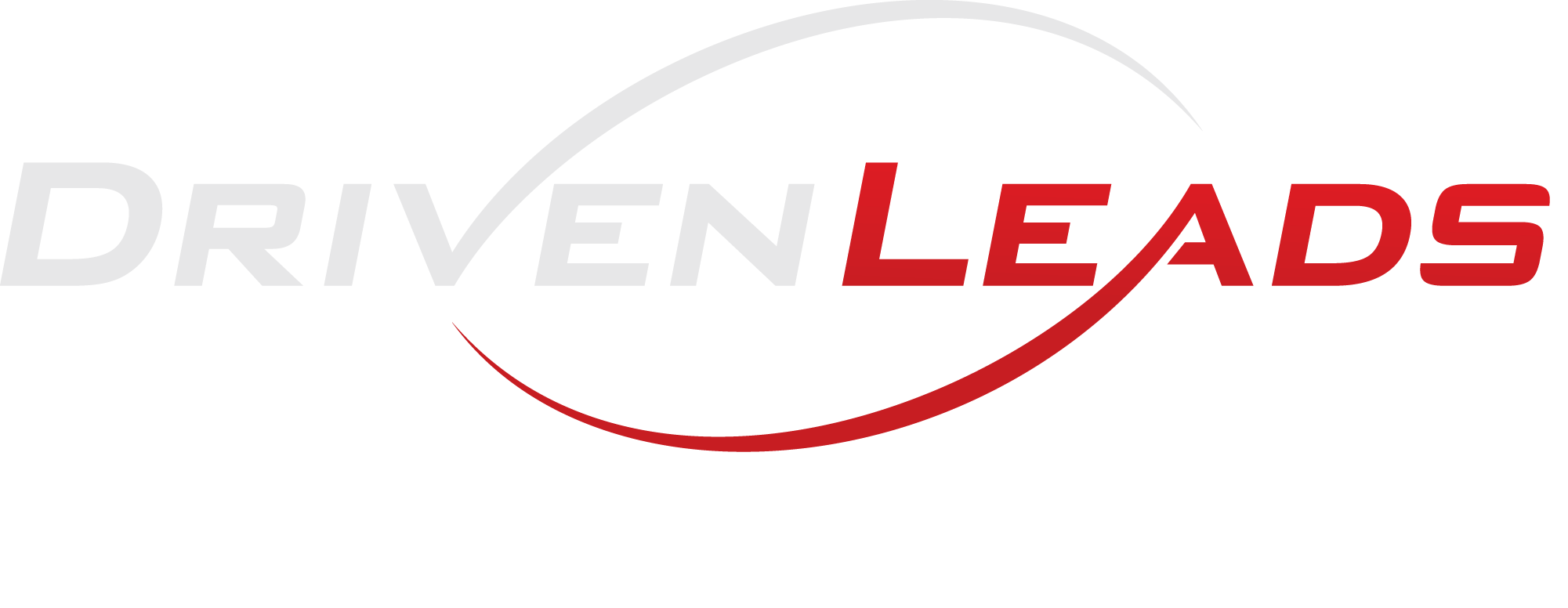 Full color white logo — white Driven, red Leads, on dark background
